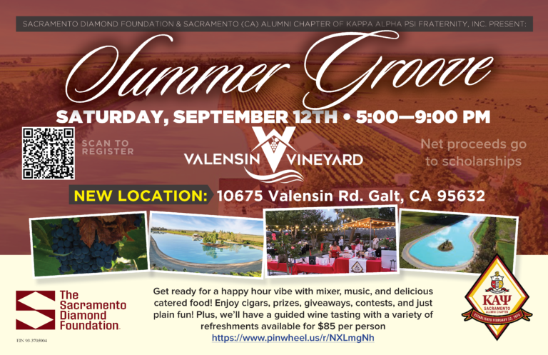 Summer Groove fundraiser flyer for the Sacramento Diamond Foundation and Kappa Alpha Psi Sacramento Alumni Chapter, September 12th at Valensin Vineyard in Galt, CA, with net proceeds benefiting youth scholarships.